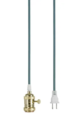 # 21007-4 1-Light Plug-in Vintage Style Hanging Socket Pendant Fixture with Polished Brass Socket, 20 feet of Navy Blue Cord and On/Off Switch