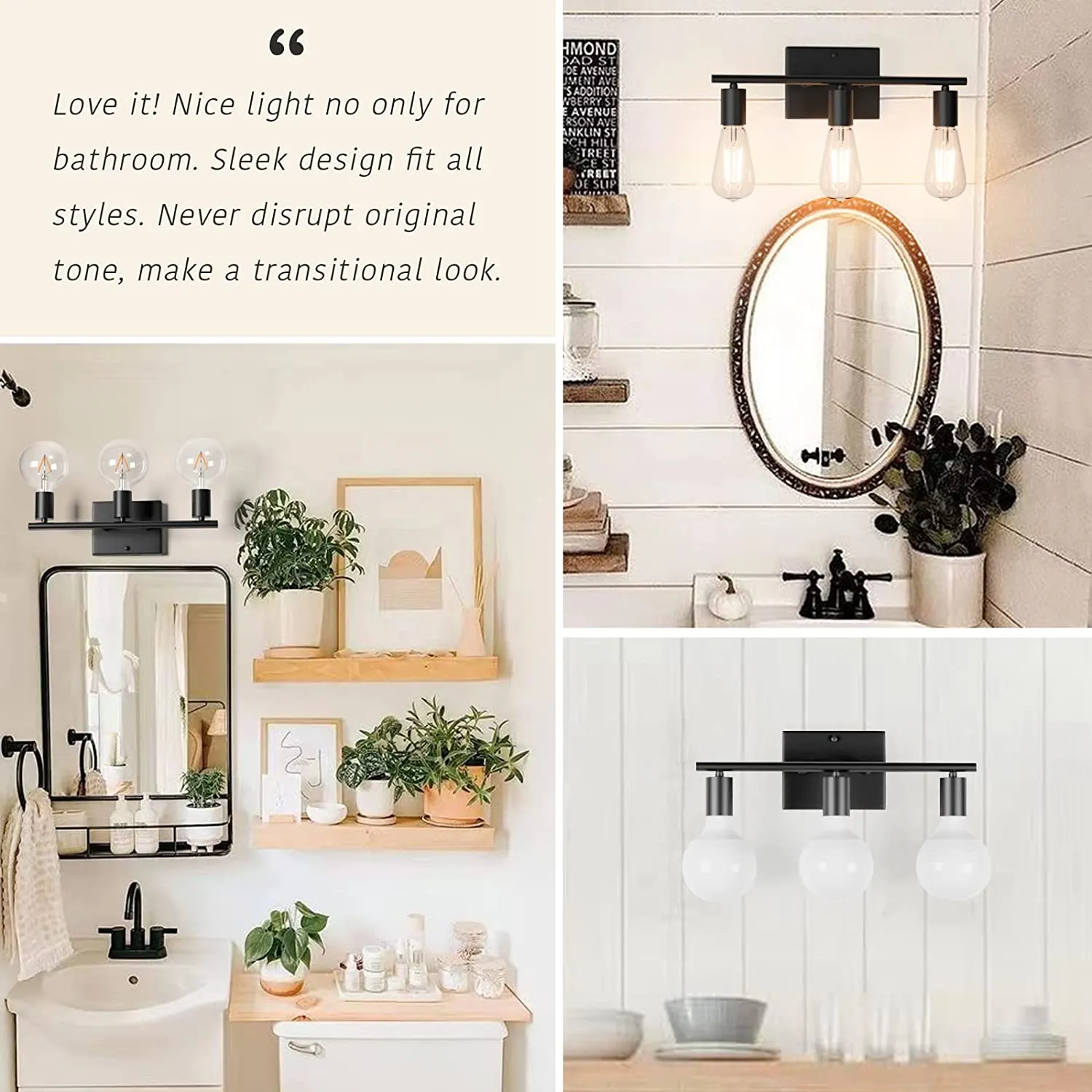 3 Light Bathroom Vanity Over Mirror, Black