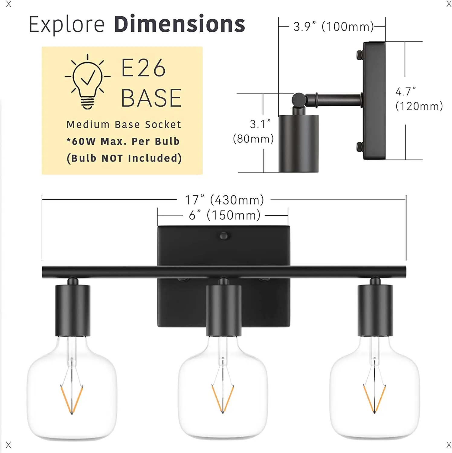 3 Light Bathroom Vanity Over Mirror, Black