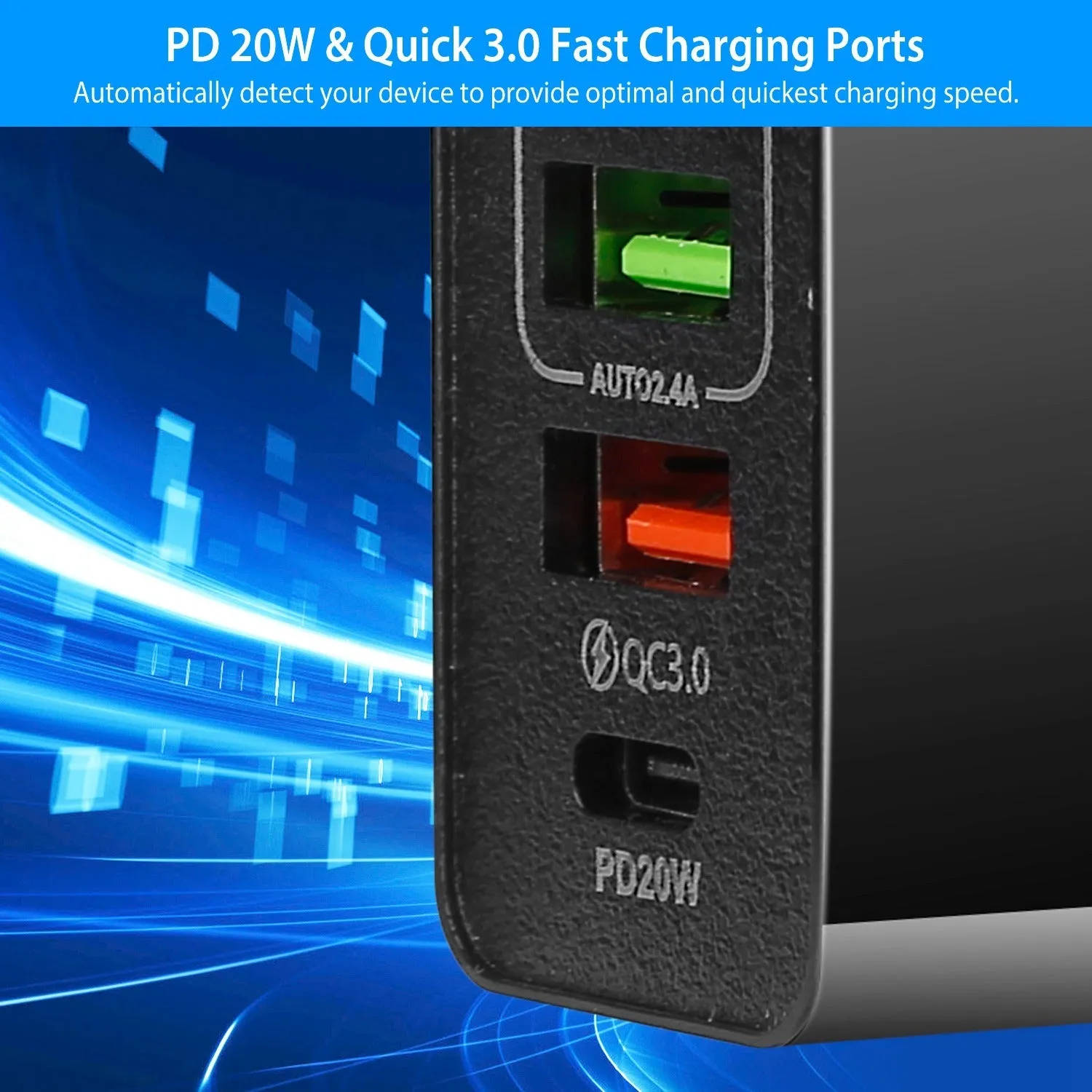36W USB-C Fast Charger with 4-Ports, QC3.0 PD 20W Power Adapter for Samsung iPhone Tablet