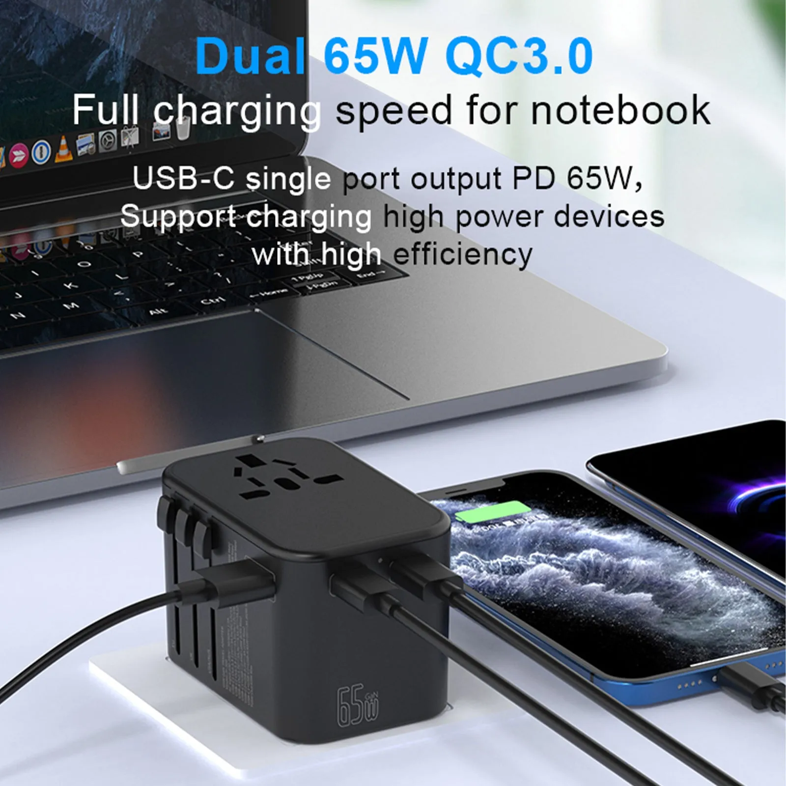 3PACK Universal Travel Adapter GaN 65W 2xUSB-C PD Fast Charging  1xUSB-A Quick Charging