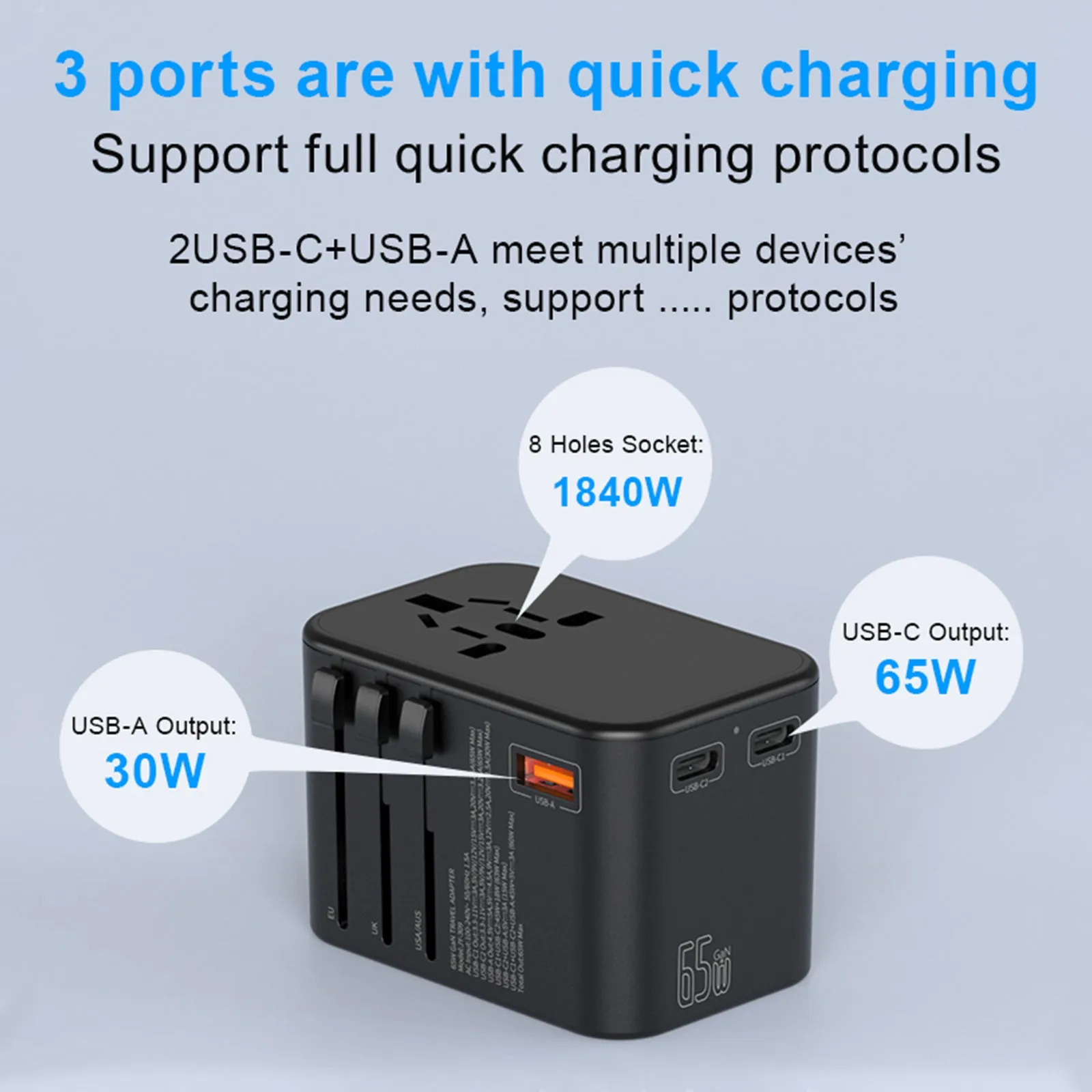 3PACK Universal Travel Adapter GaN 65W 2xUSB-C PD Fast Charging  1xUSB-A Quick Charging