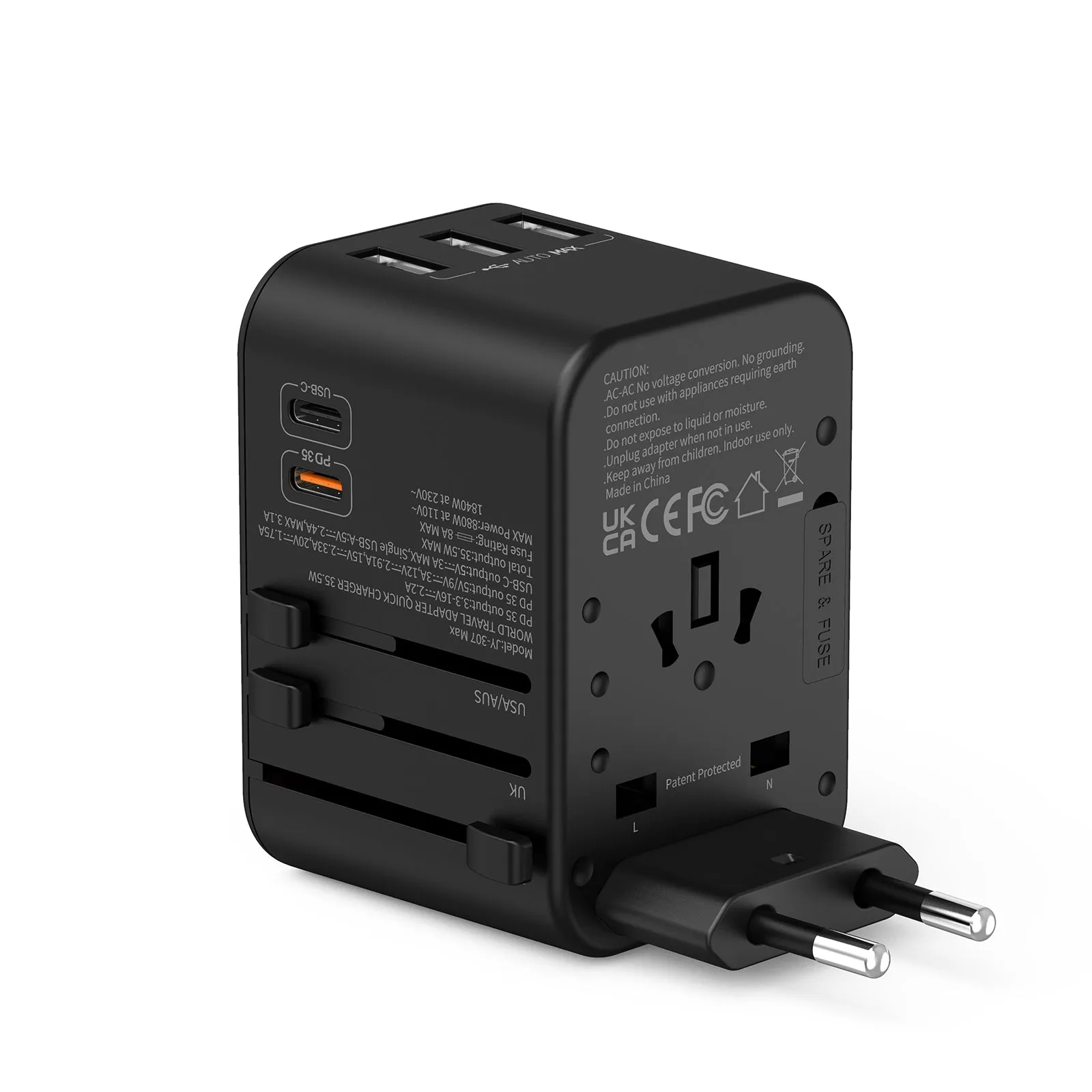 3PACK Universal Travel Plug Adapter PD 35W QC 3.0 USB 3 USB-A 2 USB-C All in One Worldwide Rapid Charge  Black