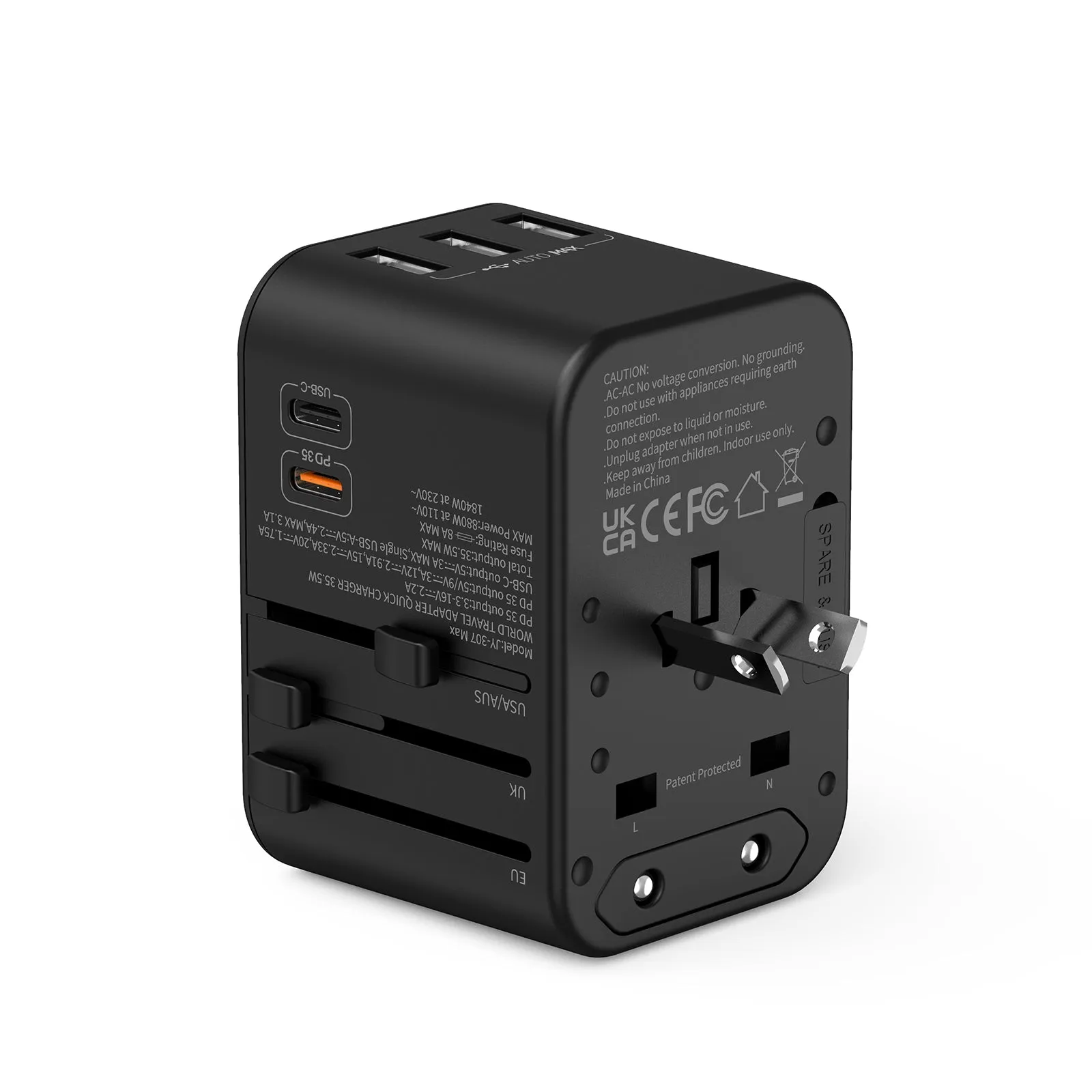 3PACK Universal Travel Plug Adapter PD 35W QC 3.0 USB 3 USB-A 2 USB-C All in One Worldwide Rapid Charge  Black