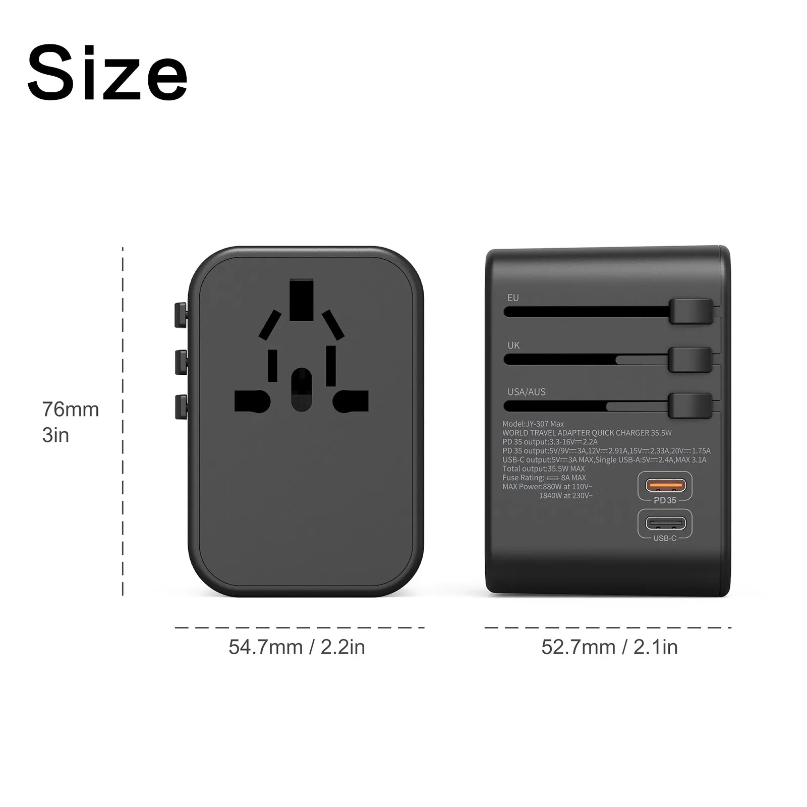 3PACK Universal Travel Plug Adapter PD 35W QC 3.0 USB 3 USB-A 2 USB-C All in One Worldwide Rapid Charge  Black