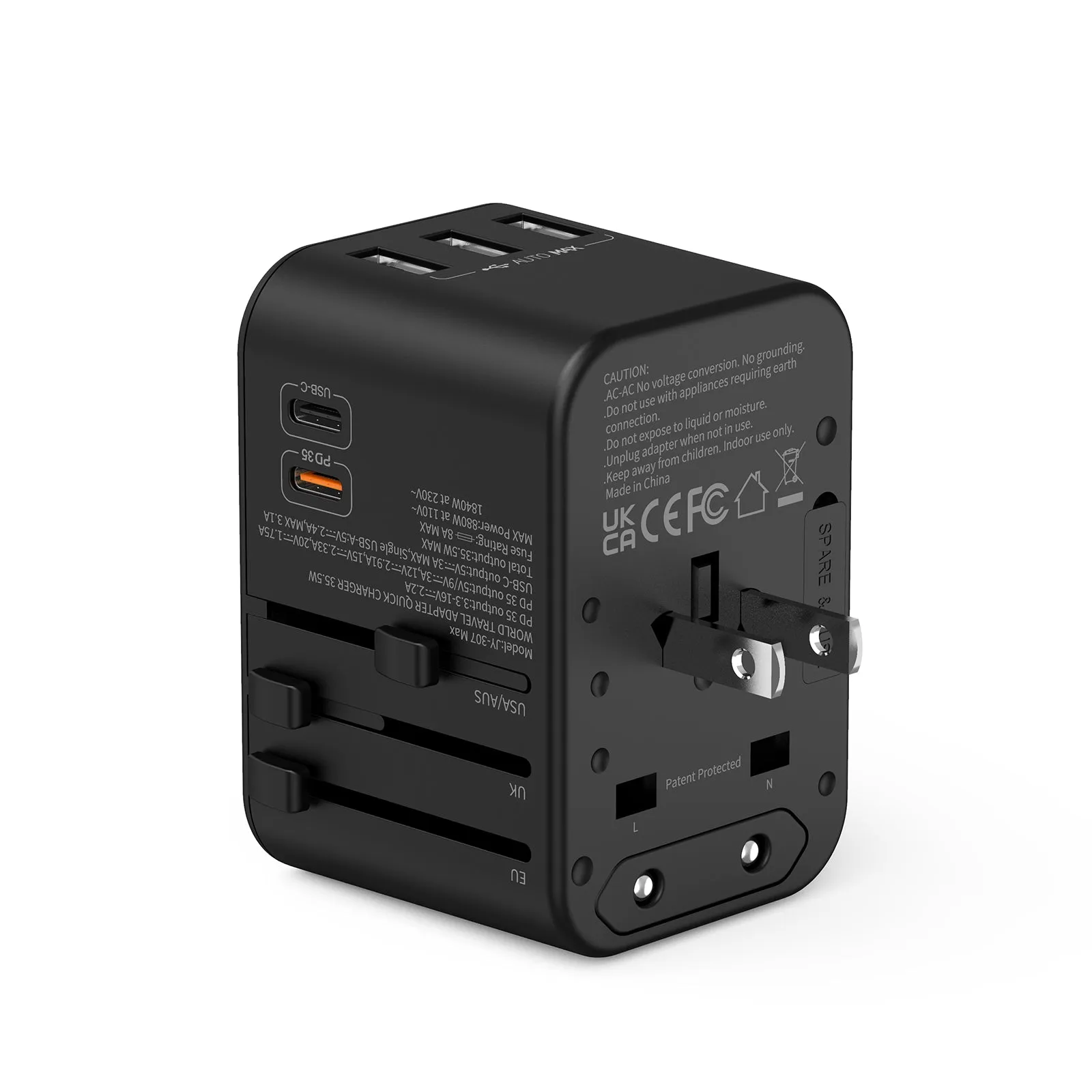 3PACK Universal Travel Plug Adapter PD 35W QC 3.0 USB 3 USB-A 2 USB-C All in One Worldwide Rapid Charge  Black