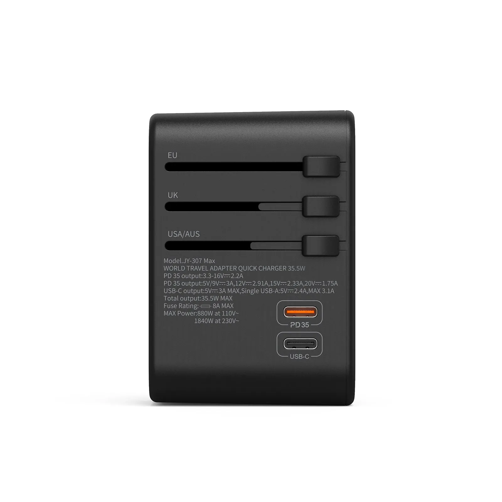 3PACK Universal Travel Plug Adapter PD 35W QC 3.0 USB 3 USB-A 2 USB-C All in One Worldwide Rapid Charge  Black