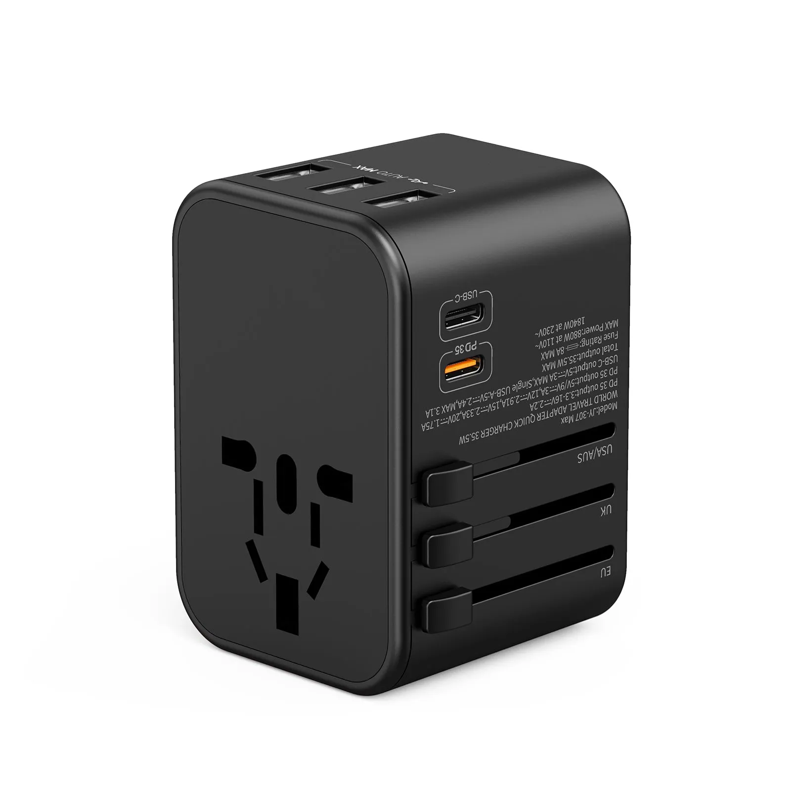 3PACK Universal Travel Plug Adapter PD 35W QC 3.0 USB 3 USB-A 2 USB-C All in One Worldwide Rapid Charge  Black