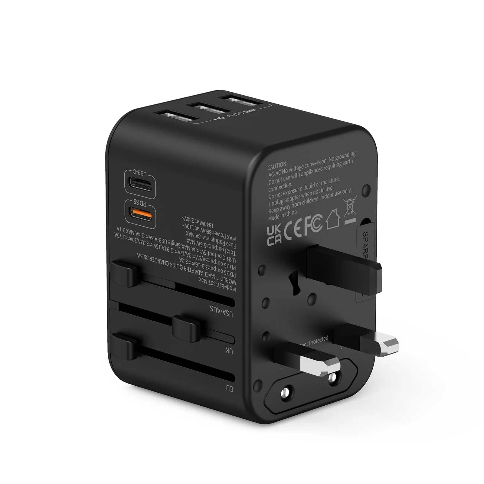 3PACK Universal Travel Plug Adapter PD 35W QC 3.0 USB 3 USB-A 2 USB-C All in One Worldwide Rapid Charge  Black