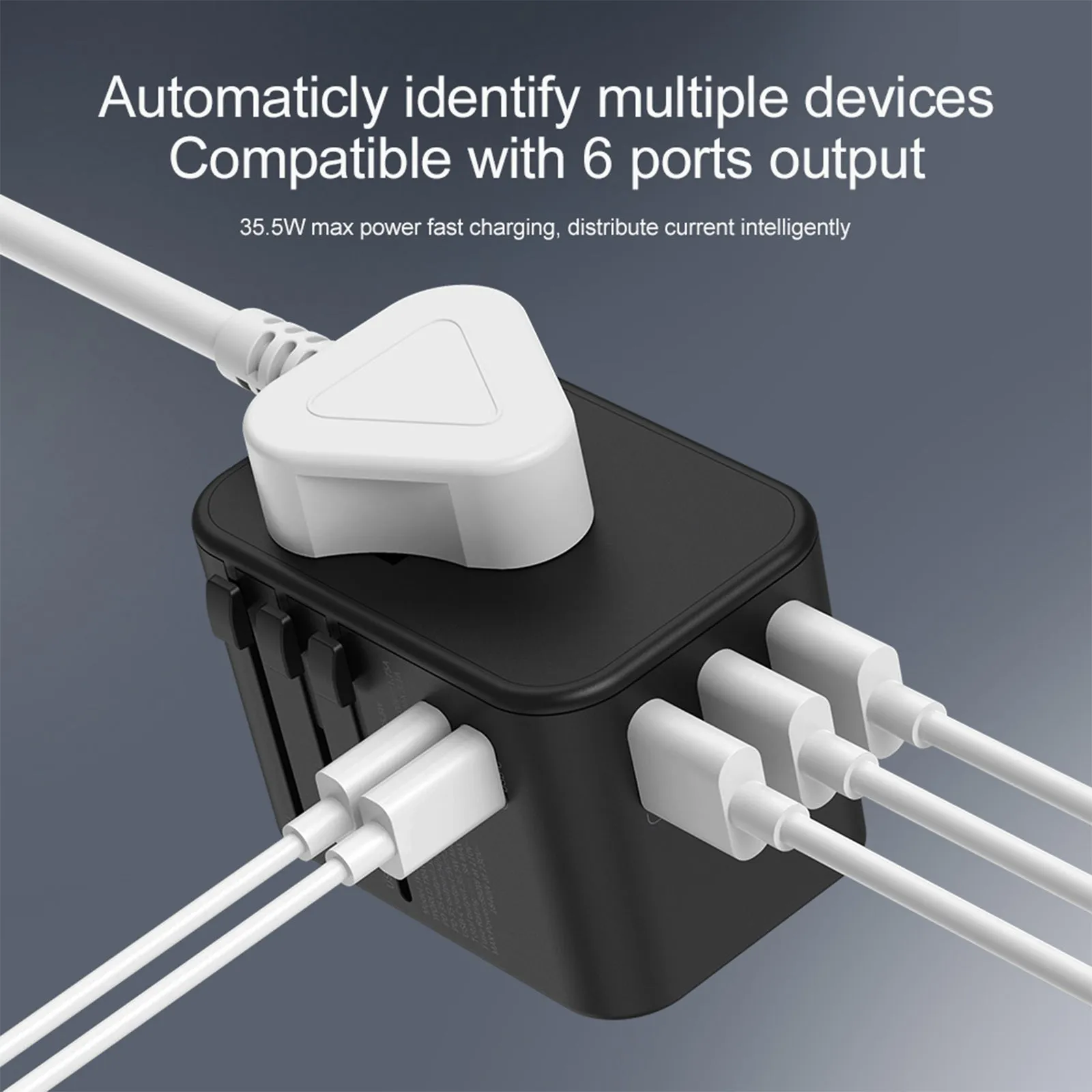 3PACK Universal Travel Plug Adapter PD 35W QC 3.0 USB 3 USB-A 2 USB-C All in One Worldwide Rapid Charge  Black