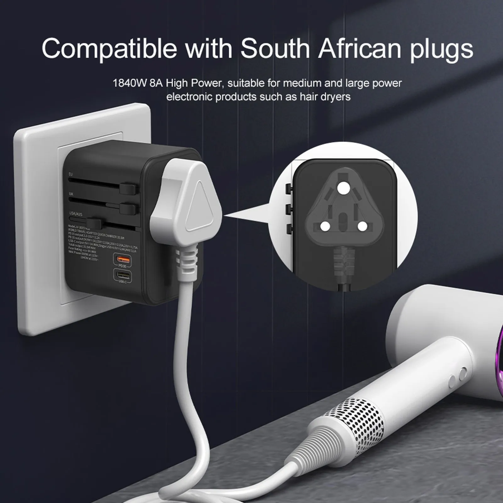 3PACK Universal Travel Plug Adapter PD 35W QC 3.0 USB 3 USB-A 2 USB-C All in One Worldwide Rapid Charge  Black