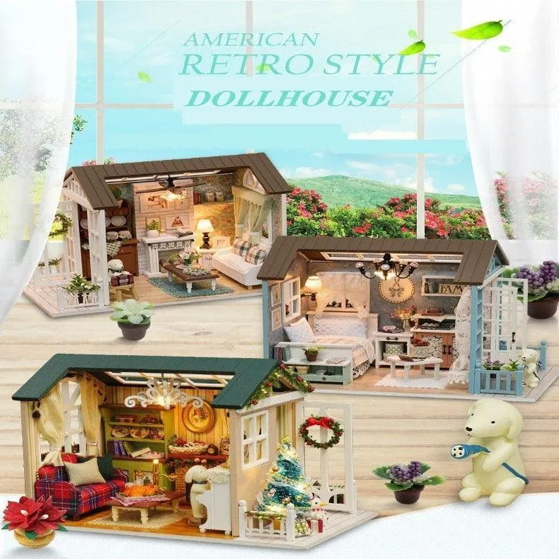 DIY American Retro Style Dollhouse Miniature Room Available In 3 Style - Holiday Time - Beautiful Time - Blue Time Adult Craft Puzzle Toys
