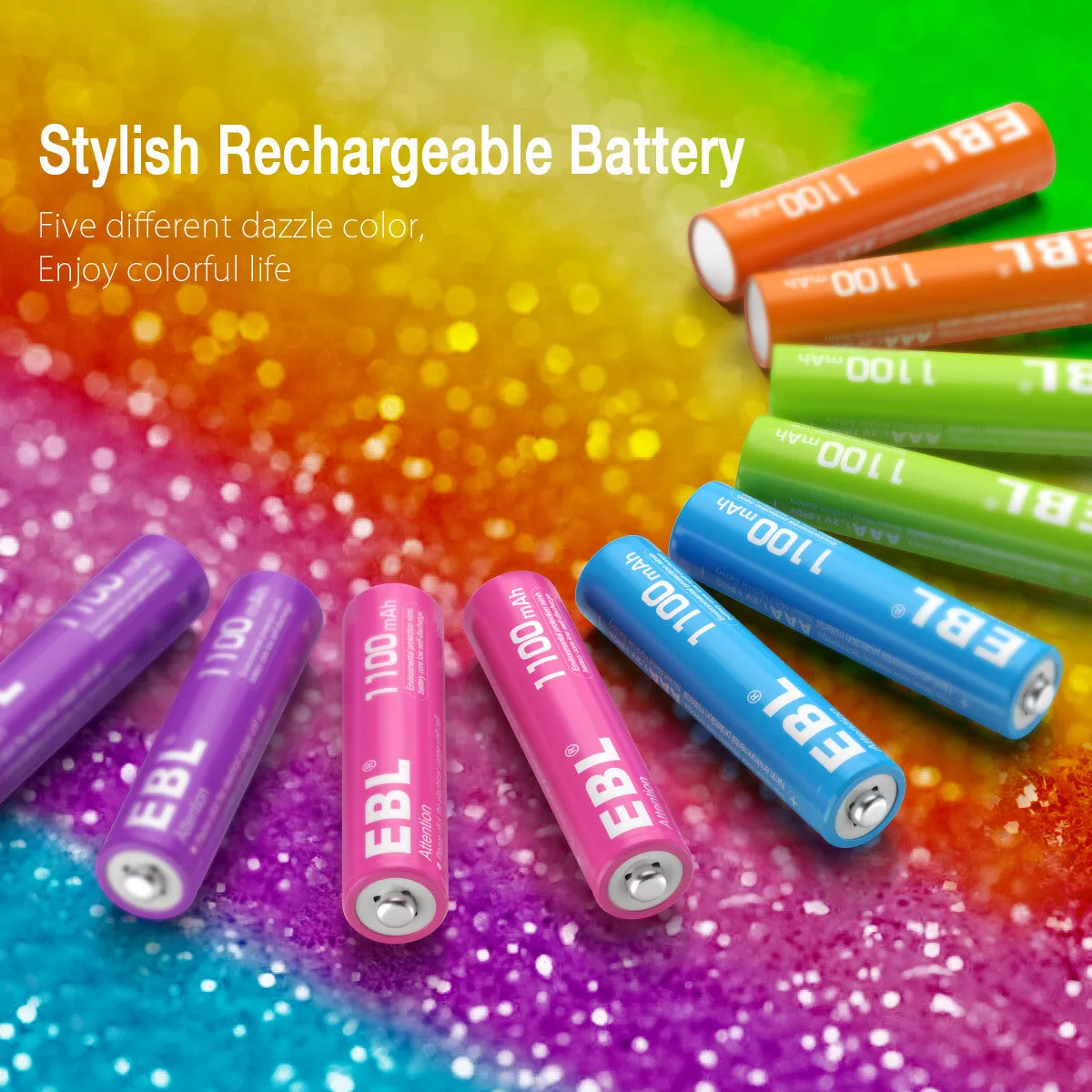 EBL 10Pcs Rainbow AAA Rechargeable Batteries 1.2V 1100mAh