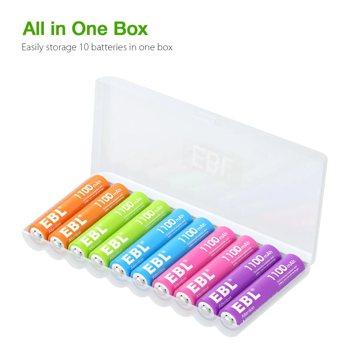 EBL 10Pcs Rainbow AAA Rechargeable Batteries 1.2V 1100mAh