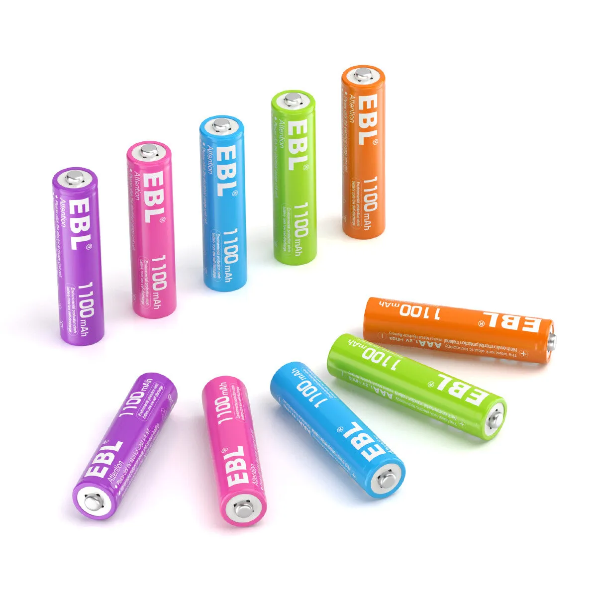 EBL 10Pcs Rainbow AAA Rechargeable Batteries 1.2V 1100mAh