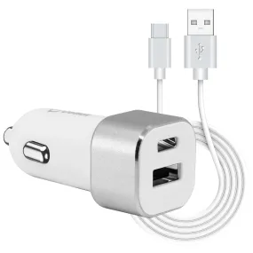 essential Car Charger for iPhone 15 Pro Max - 30W High Powered Dual Port (USB-C PD and USB-A) Auto Power Adapter with Type-C to USB Cable - Silver/White