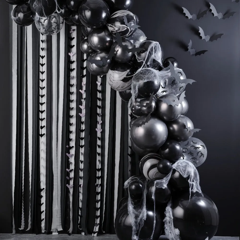 Halloween Balloon Arch Backdrop with Streamers, Cobwebs & Bats