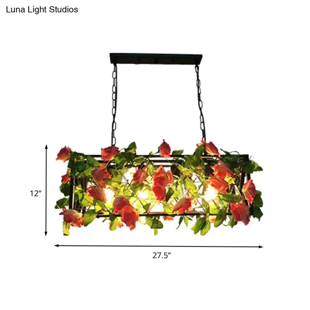 Industrial Rectangular Metal Black Island Pendant Light with 4 Bulbs and LED Ceiling Suspension