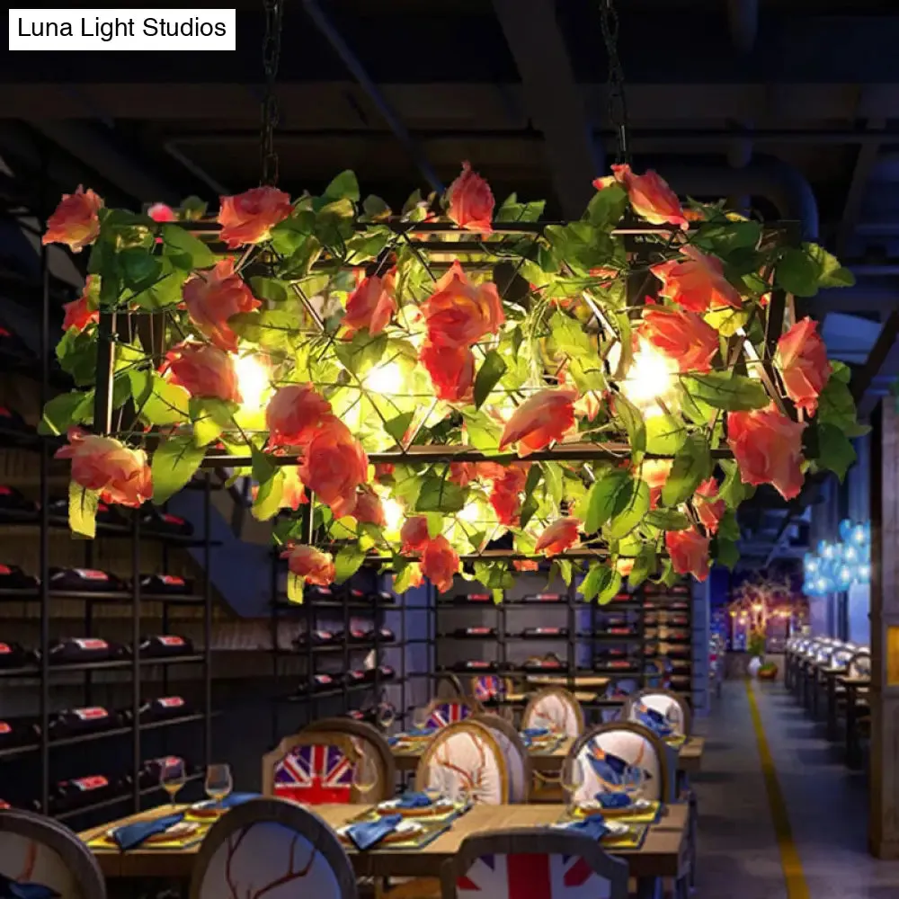 Industrial Rectangular Metal Black Island Pendant Light with 4 Bulbs and LED Ceiling Suspension