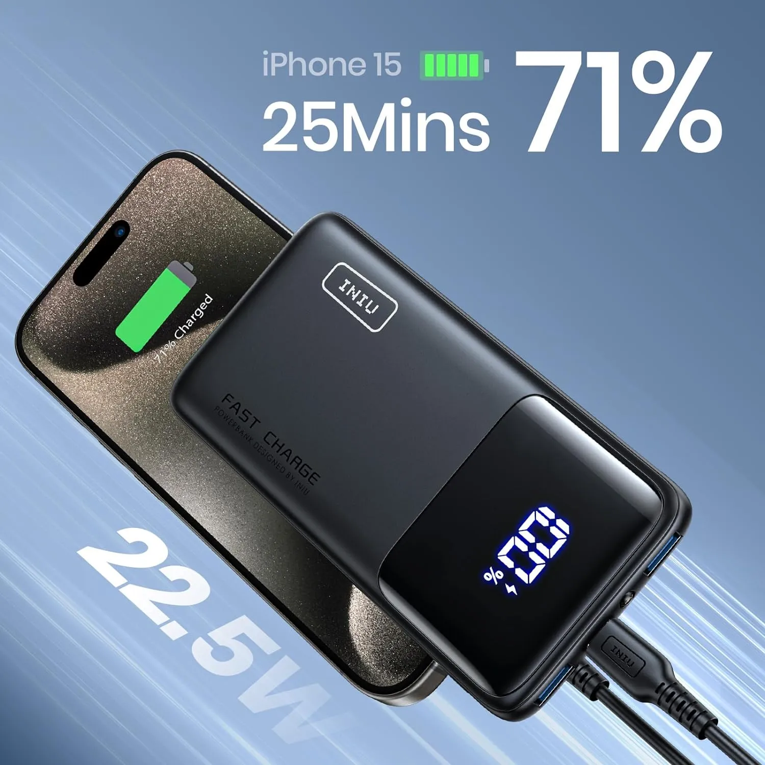 INIU 22.5W Power Bank 10000mAh USB C Portable Fast Charger PD3.0 For iPhone/ Samsung