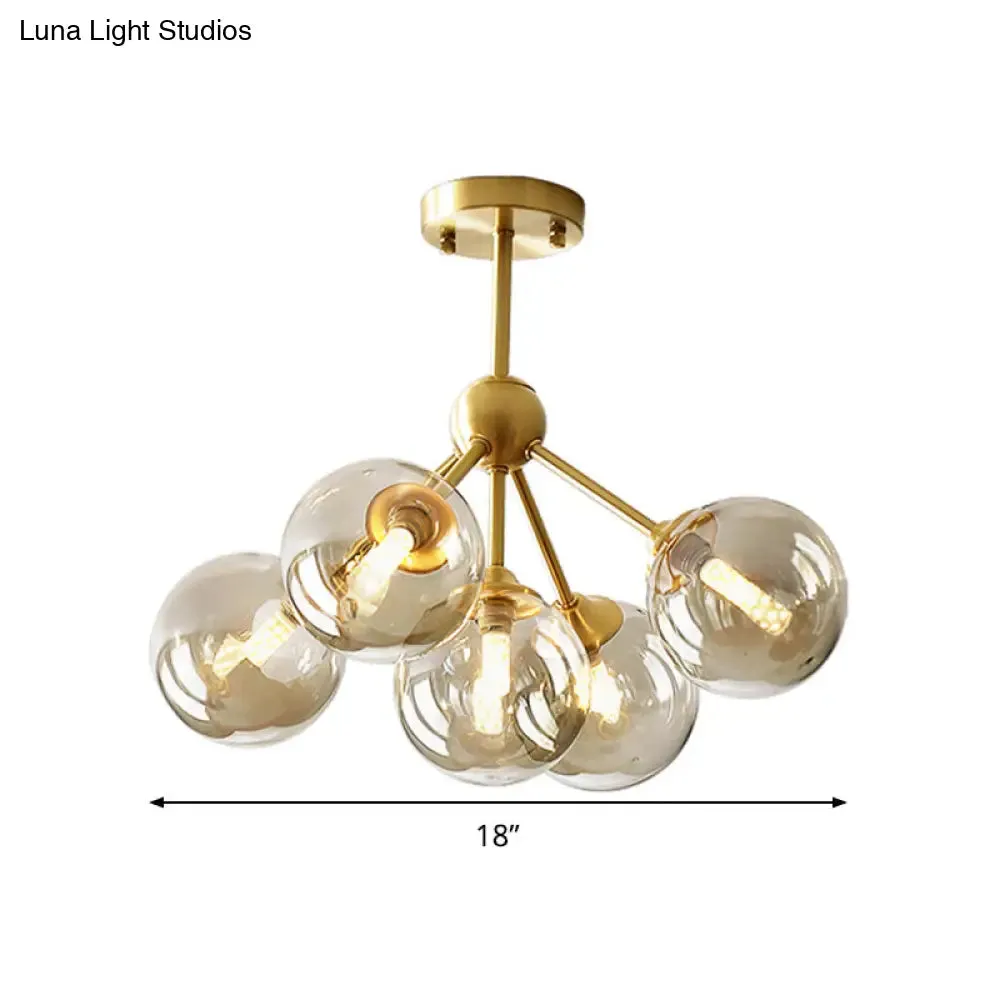 Modern Brass Pendant Chandelier with 5 Orb Amber Glass Shades - Dining Room Hanging Light Kit