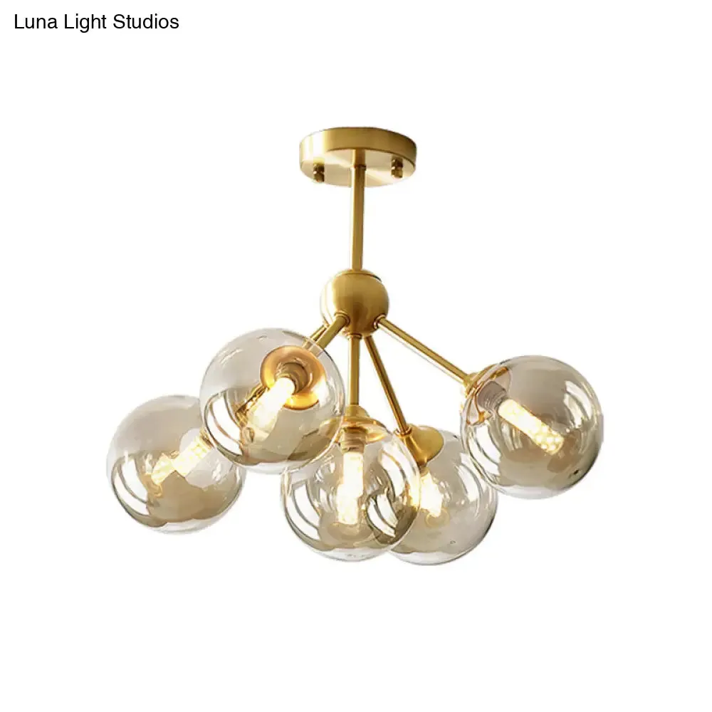 Modern Brass Pendant Chandelier with 5 Orb Amber Glass Shades - Dining Room Hanging Light Kit