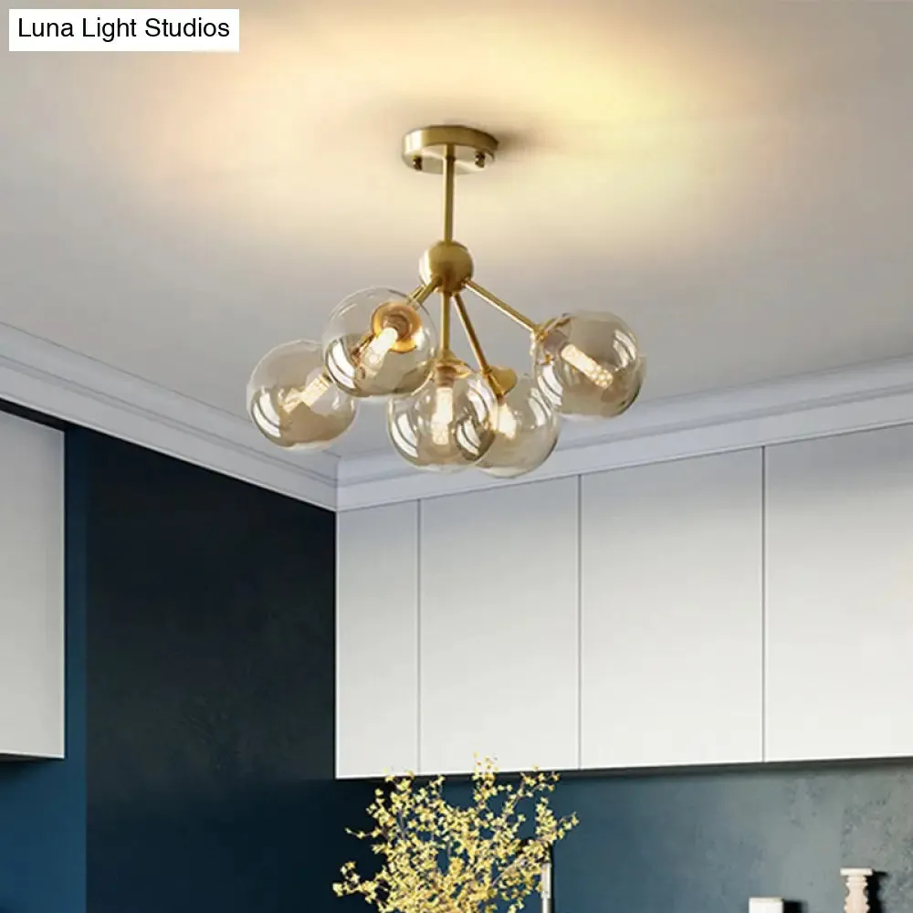 Modern Brass Pendant Chandelier with 5 Orb Amber Glass Shades - Dining Room Hanging Light Kit