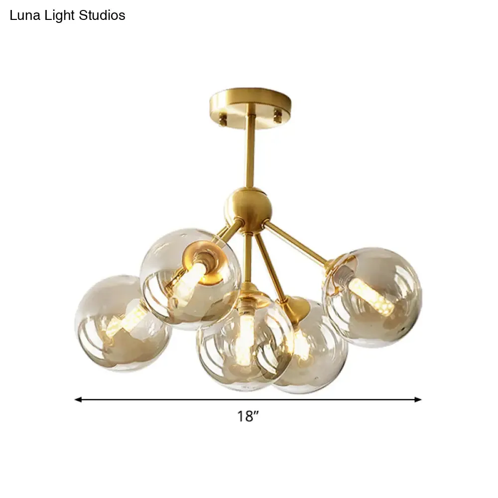 Modern Brass Pendant Chandelier with 5 Orb Amber Glass Shades - Dining Room Hanging Light Kit