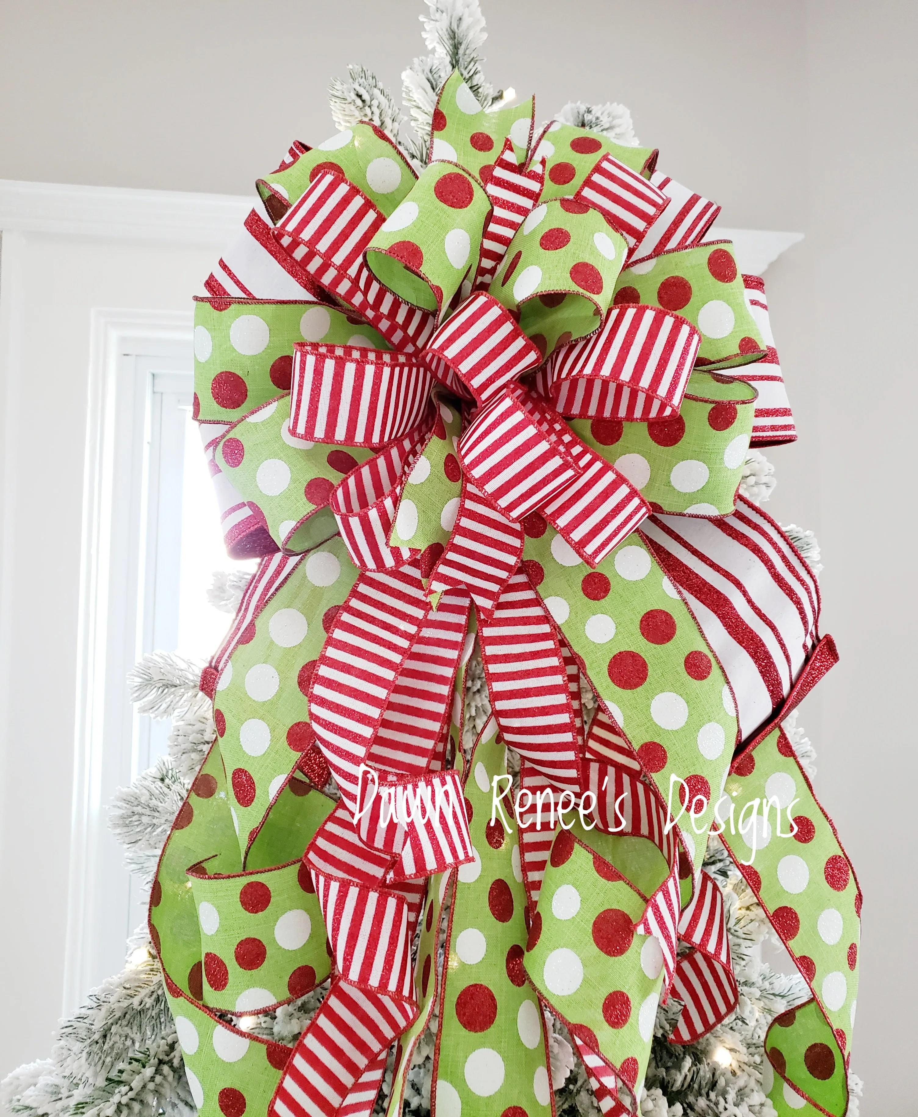 Red White Green Christmas Tree Bow with Long Streamers