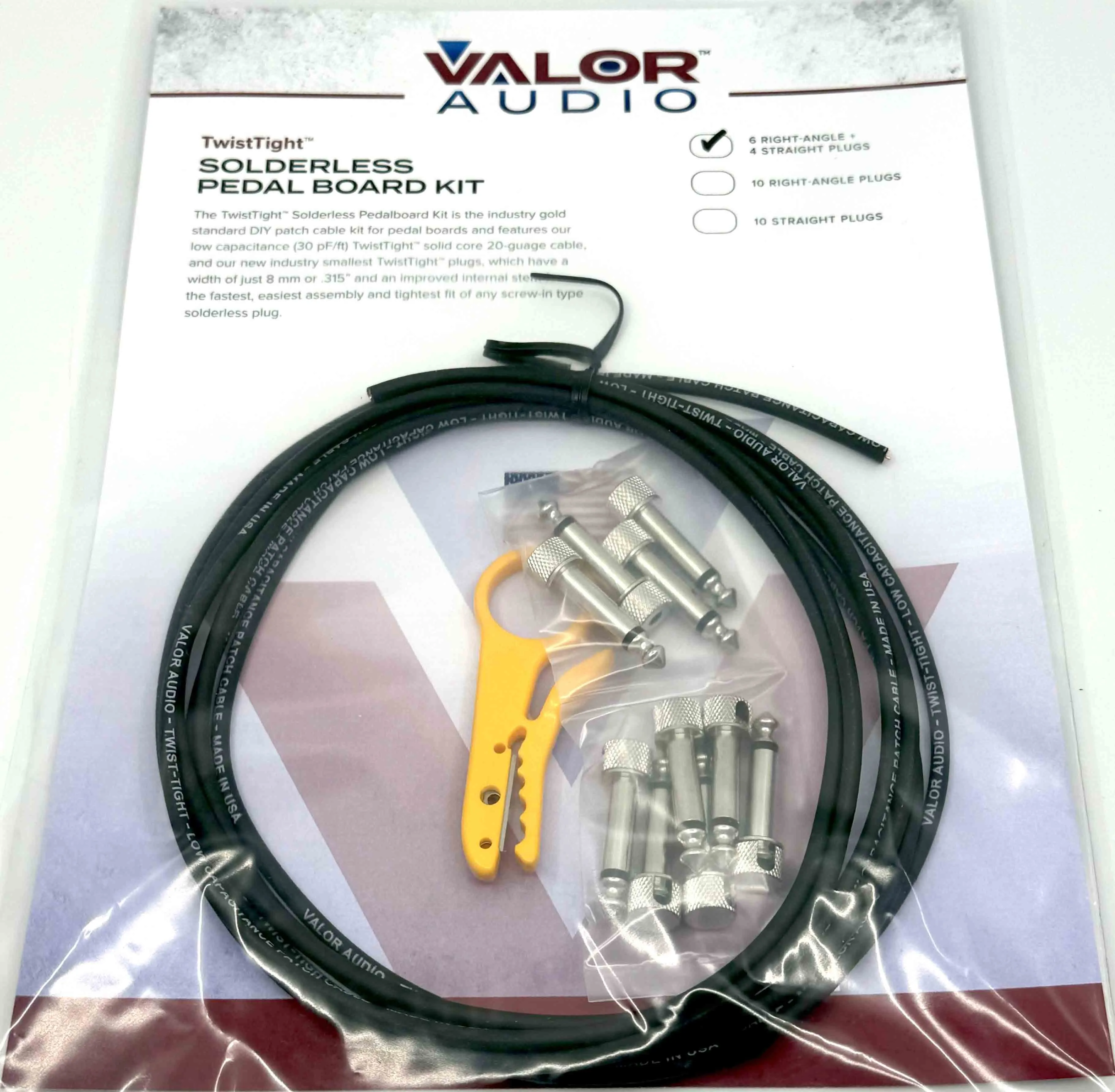 Valor Audio - Twist Tight - Solderless Kit - 10' Black Cable - 6 Right Angle / 4 Straight Plugs - w/Stripper