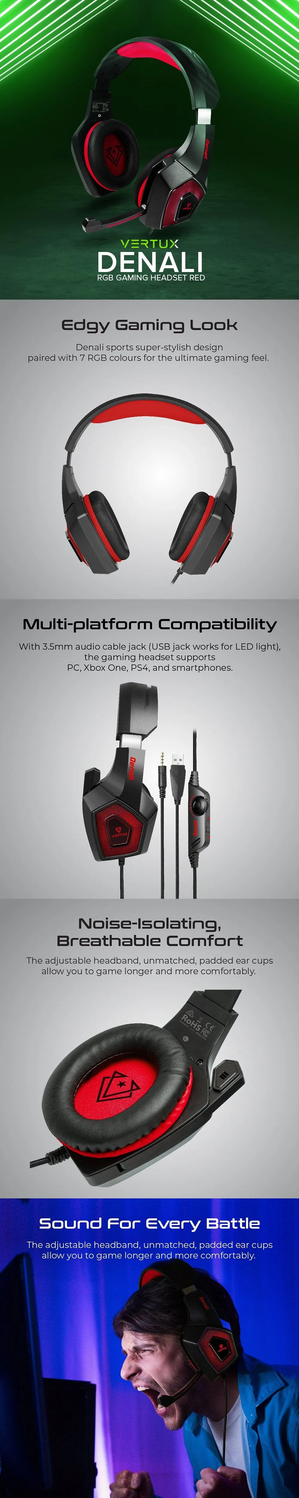 Vertux Denali RGB High Fidelity Surround Sound Noise Isolating Breathable Comfort, Red Gaming Headset 17PRO VEDE2564
