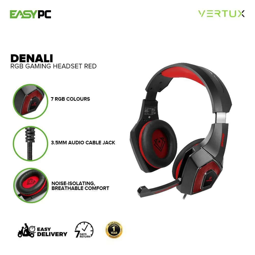 Vertux Denali RGB High Fidelity Surround Sound Noise Isolating Breathable Comfort, Red Gaming Headset 17PRO VEDE2564