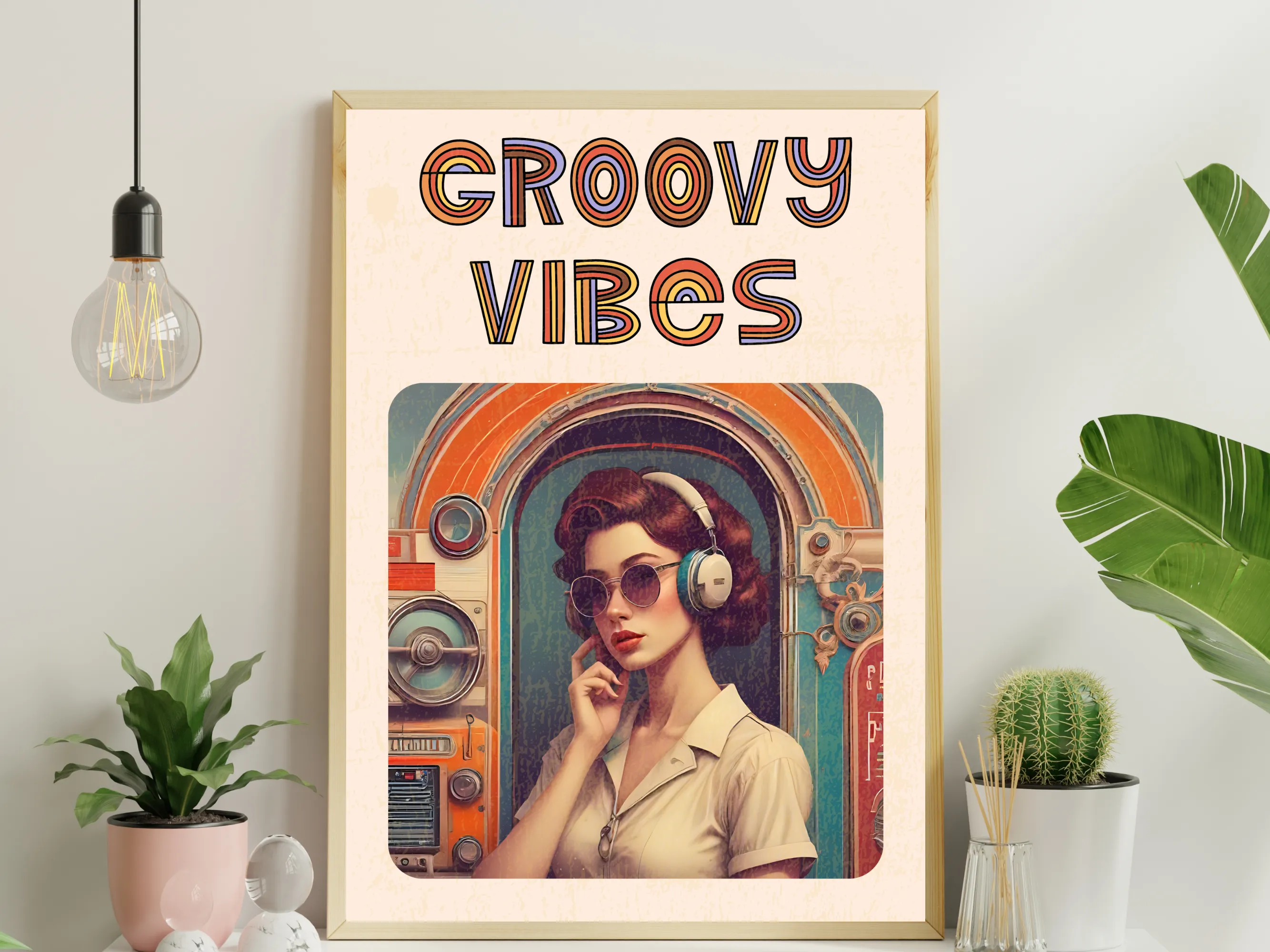 Vintage-Inspired Girl with Headphones Wall Art, Groovy Vibes Retro Poster