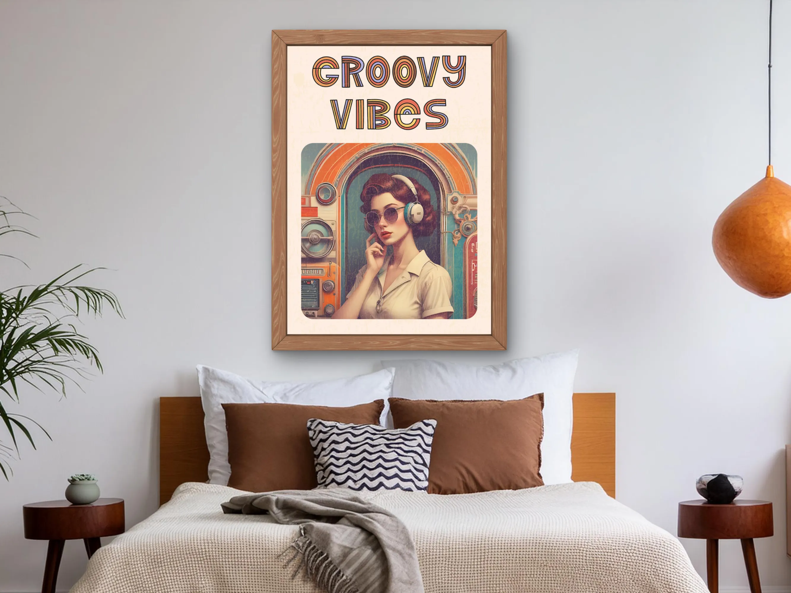 Vintage-Inspired Girl with Headphones Wall Art, Groovy Vibes Retro Poster