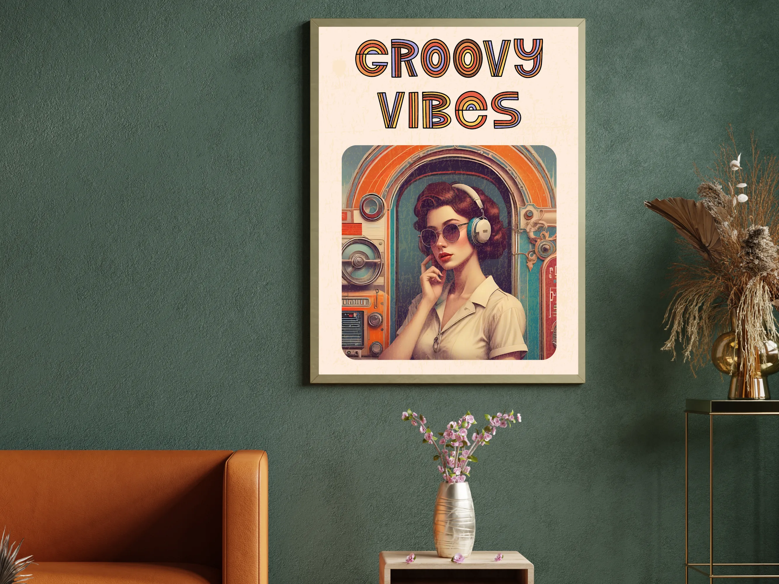 Vintage-Inspired Girl with Headphones Wall Art, Groovy Vibes Retro Poster