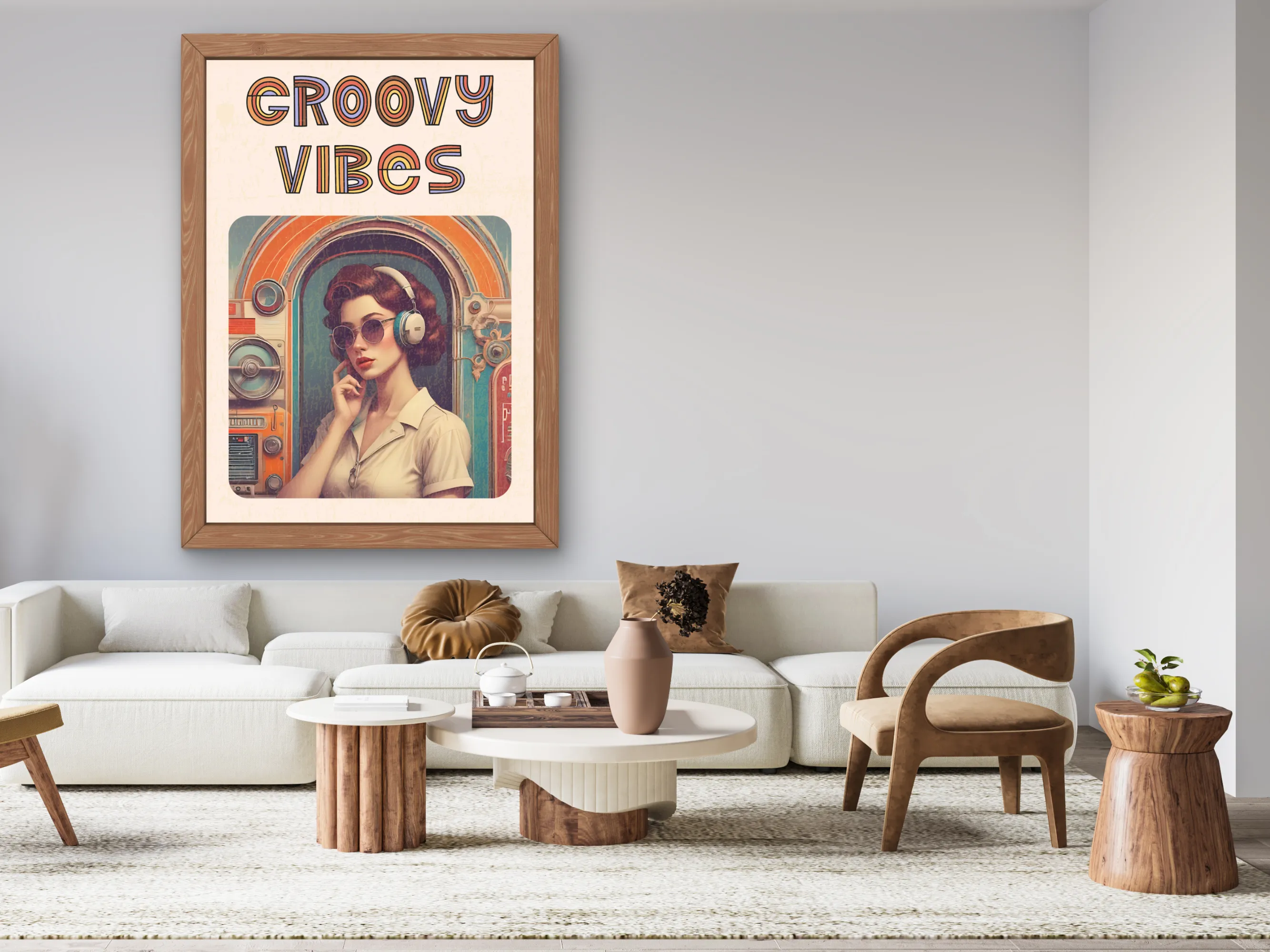 Vintage-Inspired Girl with Headphones Wall Art, Groovy Vibes Retro Poster