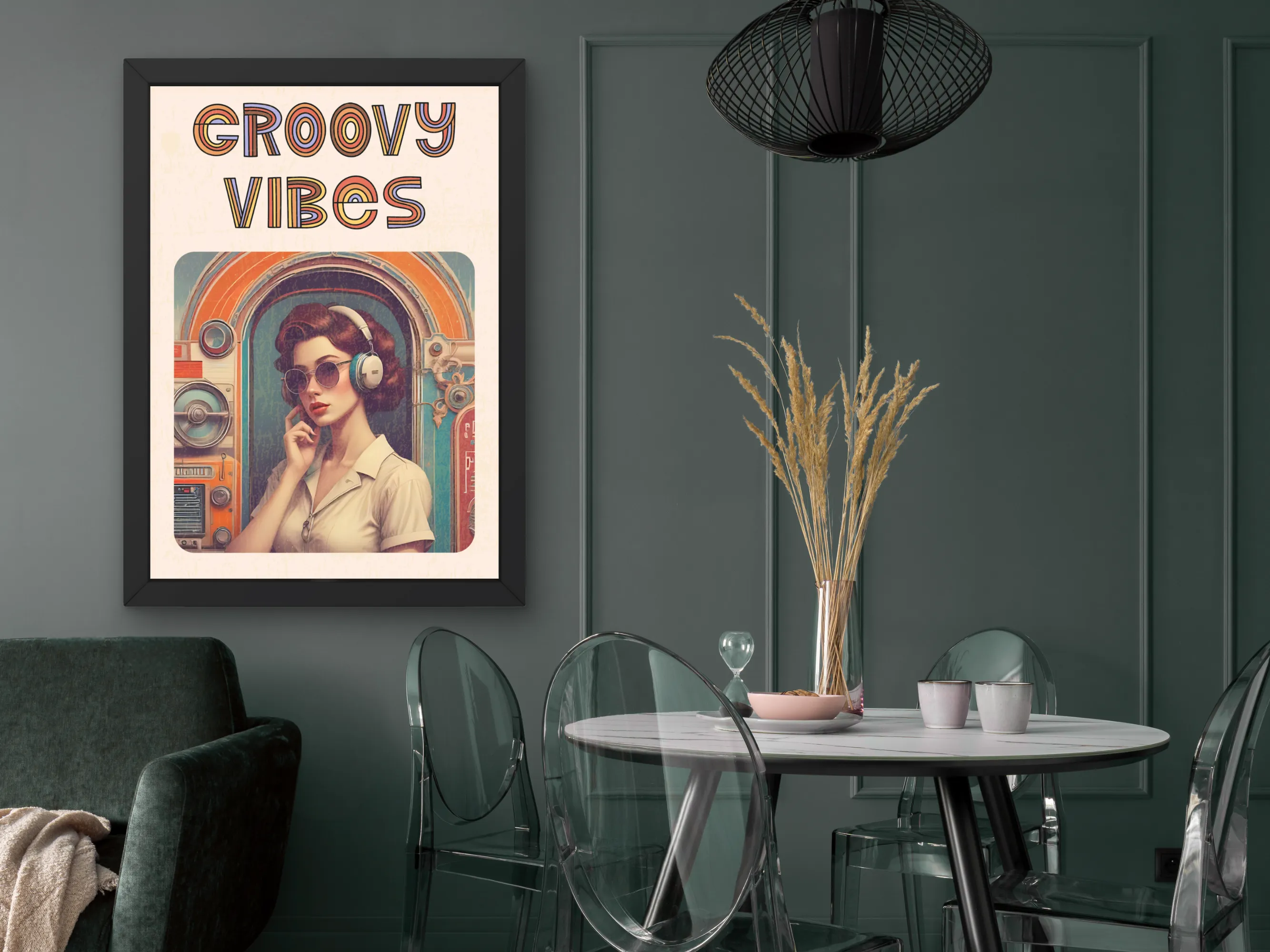 Vintage-Inspired Girl with Headphones Wall Art, Groovy Vibes Retro Poster